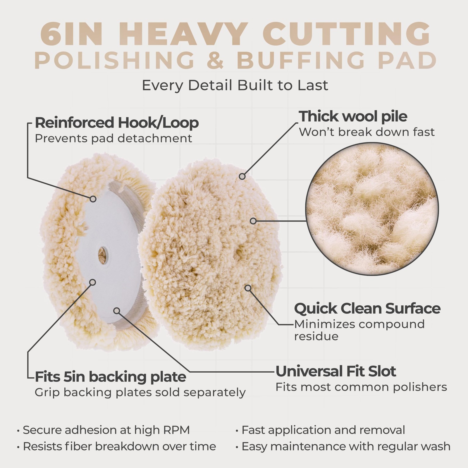 6 100% Wool Hook & Loop Grip Buffing Pad for Compound Cutting & Polishing (Pack gallery