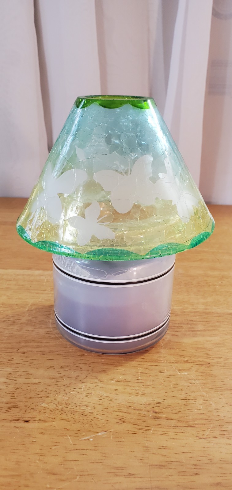 Yankee Candle Jar Shade Topper - Green Aqua Blue Crackle Glass Butterfly Pattern gallery