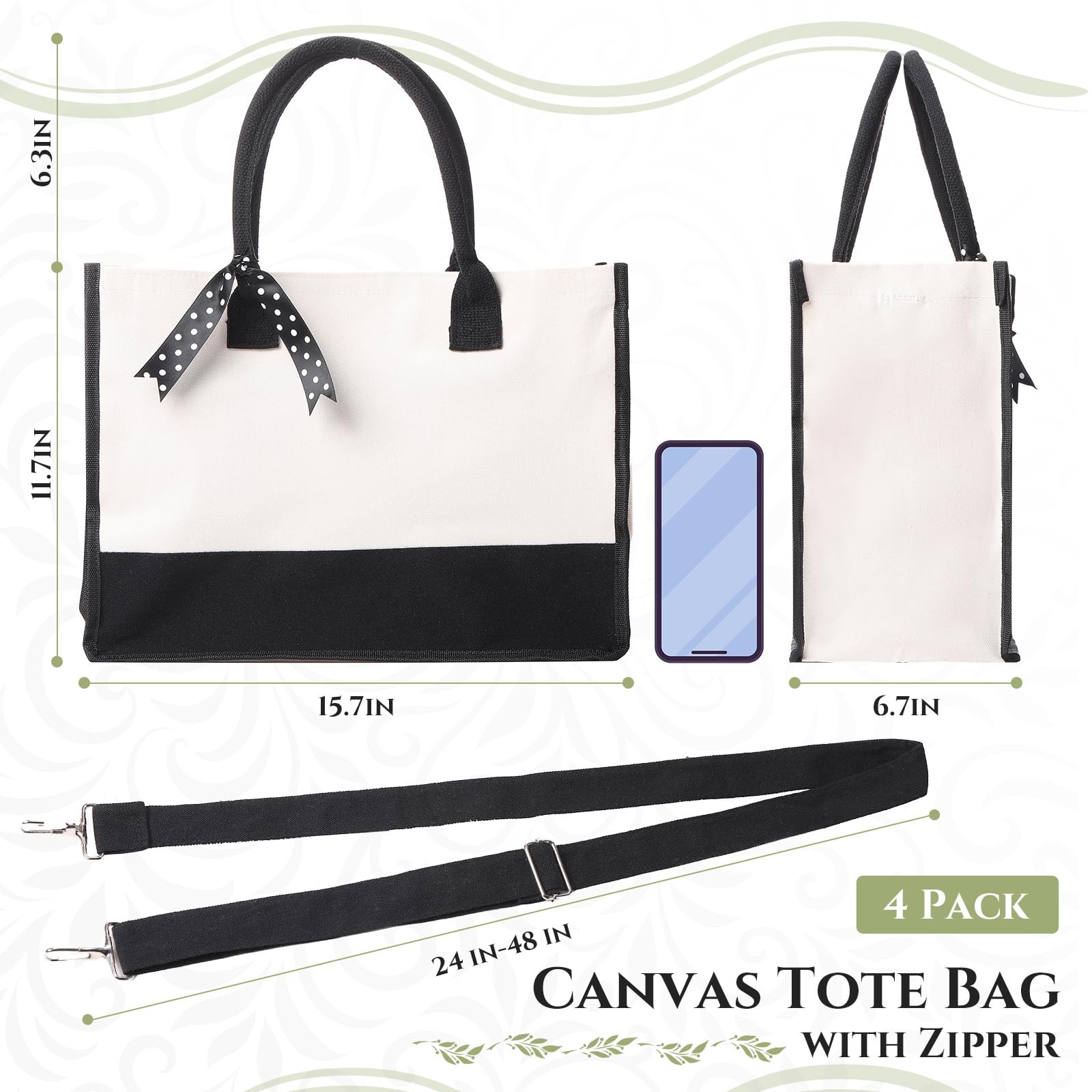 Sweetude 4 Pcs Canvas Tote Bag Shoulder Strap Black White Canvas Bag Zipper gallery