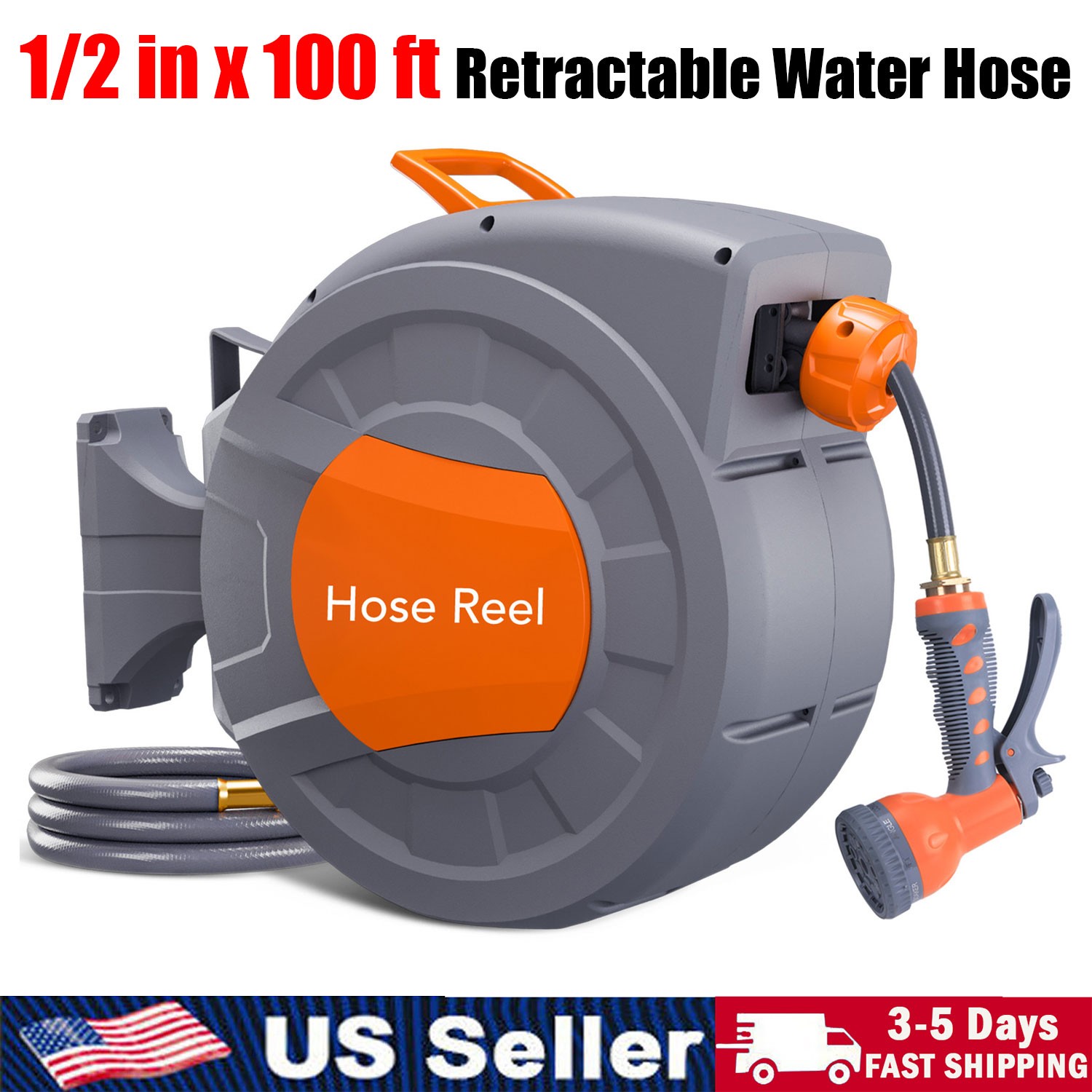 1/2 in x 100 ft Wall Mounted Retractable Water Hose Reel with 9 Sprayer Nozzle gallery