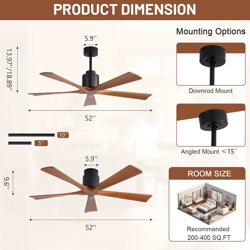 52'' Modern Low Profile Flush Mount Ceiling Fan with Remote Control & 3 Downrods gallery