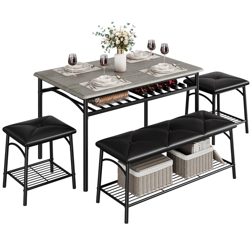 Dining Set Table with Wine Rack and 2 Upholstered Stools Bench for Small Kitchen gallery
