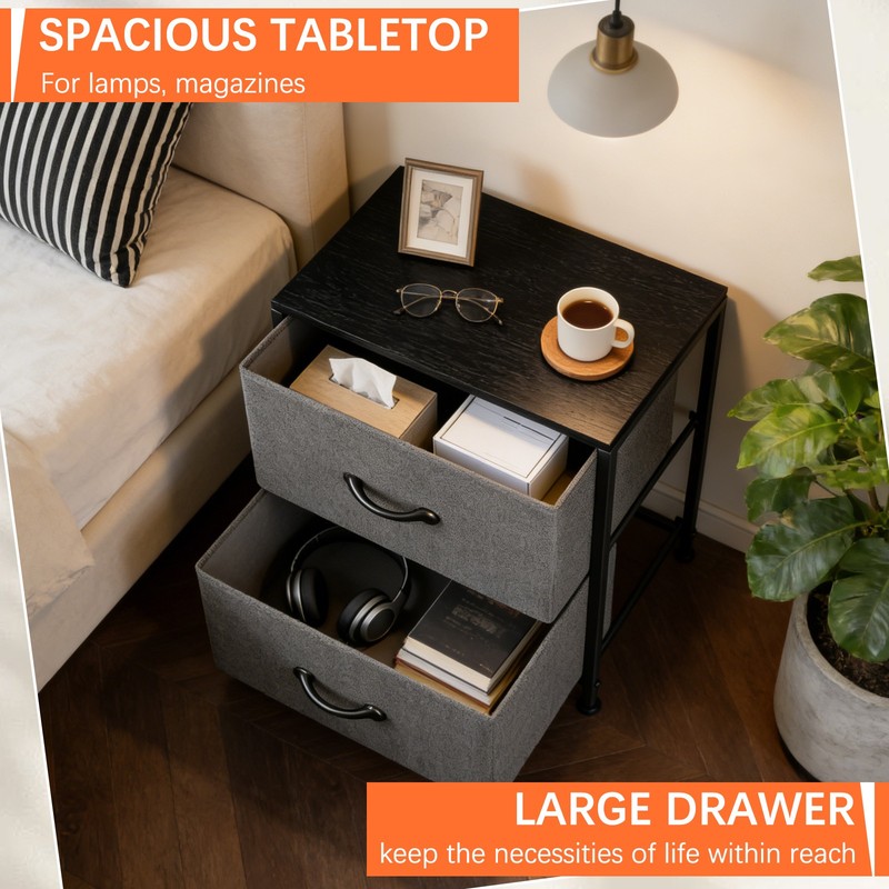 Nightstand End Table Side Table with 2 Fabric Drawers Bedside Table Bedroom Grey gallery