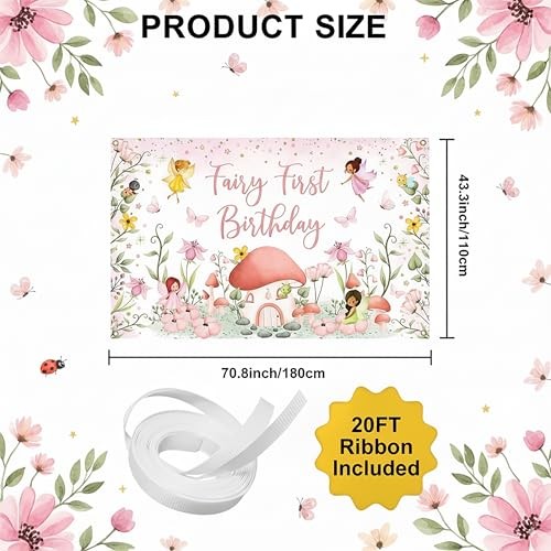 Fairy First Birthday Backdrop Banner – 6×3.6 ft Pink Fairy “One” Party gallery