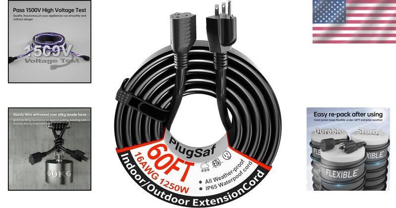 Advanced Waterproof 60 ft 3-Prong Extension Cord for Outdoor Use - 13A/1625W gallery