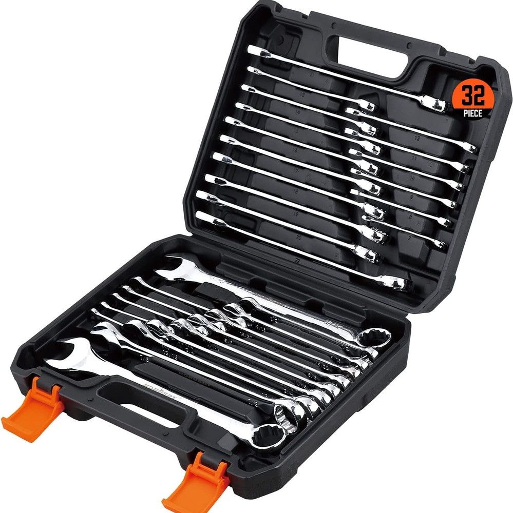 32PCS Set llaves combinadas SAE 1/4"-1" Metric 7mm-22mm 12 Point con estuche