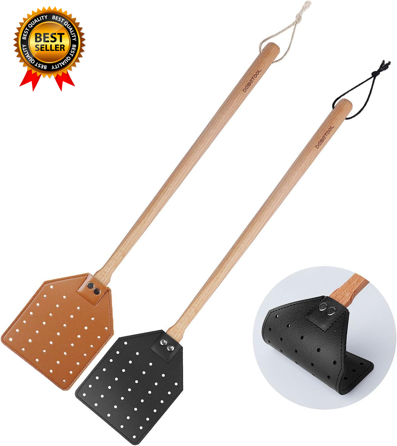 2 Pack Sturdy Leather Fly Swatter for Indoors (19.7”)Long Handle Heavy Duty gallery