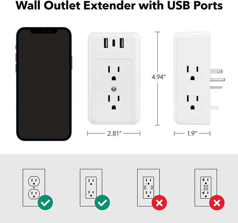 BN-LINK Multiple Plug Outlet Extender, 6 Wall Outlets and 3 USB Ports (1 USB C) gallery