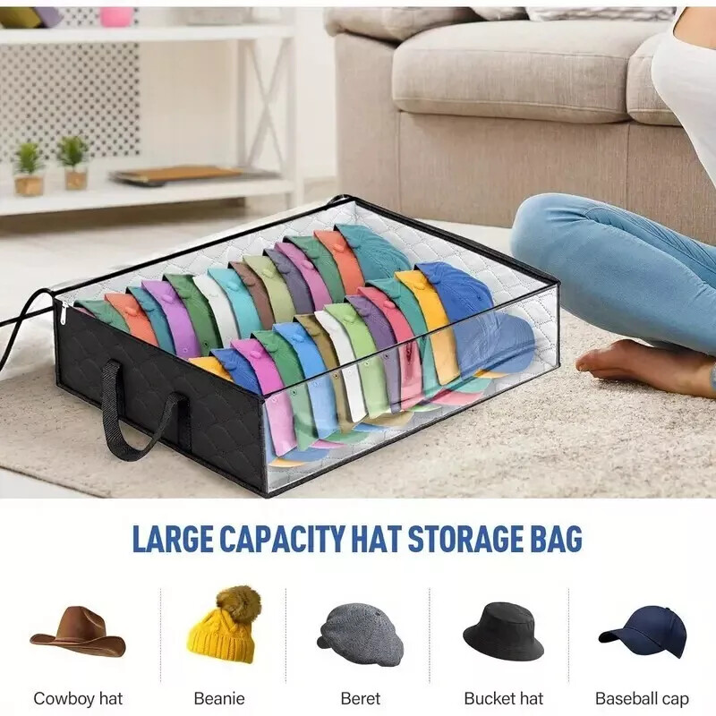 1/2PCS Hat Storage Dust Bag Baseball Hat Cap Organizer Clear Rack Zipper - Black gallery