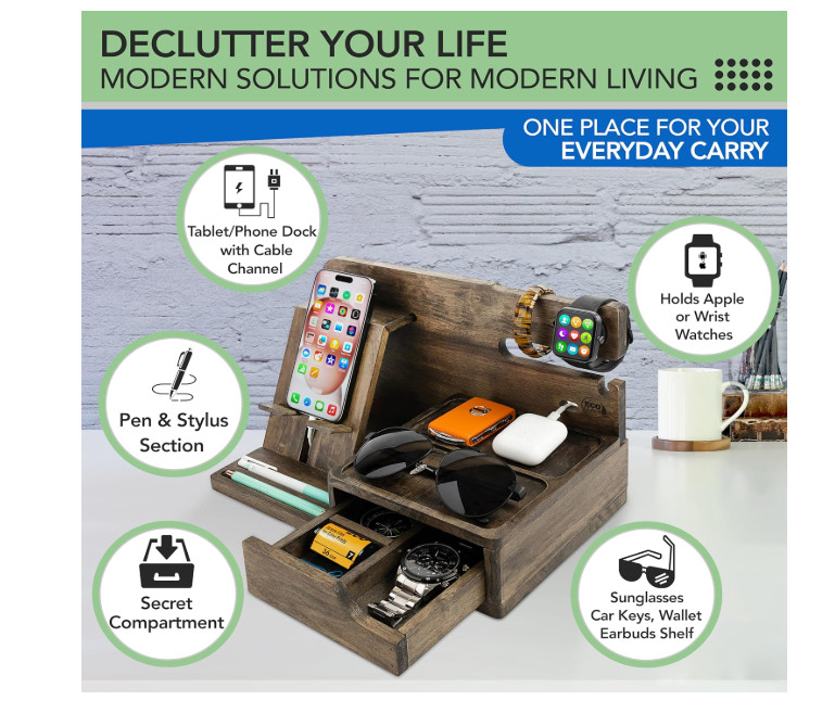 Functional Bedside Organizer for Men - Rustic Design with Smart Cable Solutions gallery