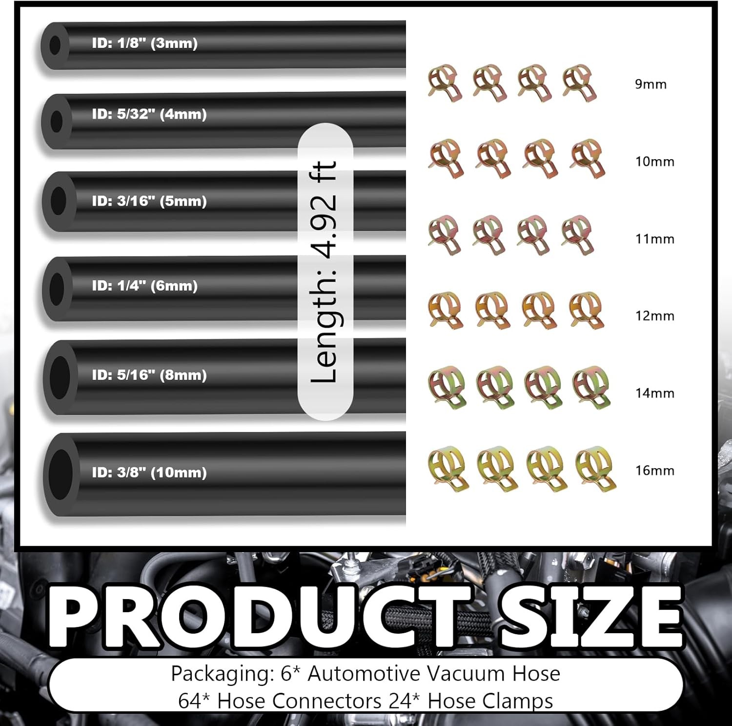 94PCS 5Ft Vacuum Hose Automotive Set,6 Sizes 3/8",5/16",1/4",3/16",5/32",1/8" Si gallery