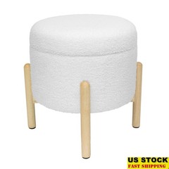 Round Storage Ottoman W/ Hidden Storage Soft Boucle Lift Off Lid Sturdy Legs New