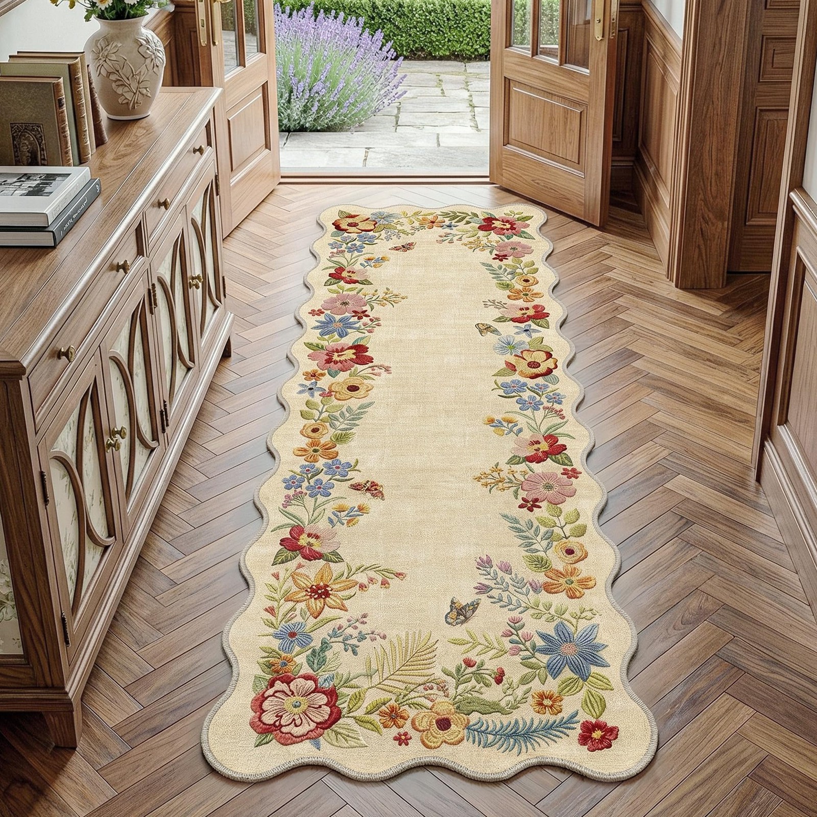 FMFUNCTEX 2x6 Runner Rug Floral Washable Beige 2' x 6' (Rectangular), gallery