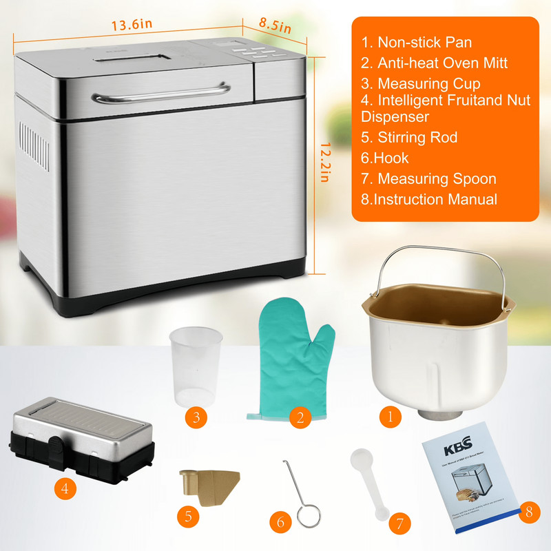 9-in-1 2LB Bread Maker Machine Fully Automatic LCD Display, Stainless Steel gallery