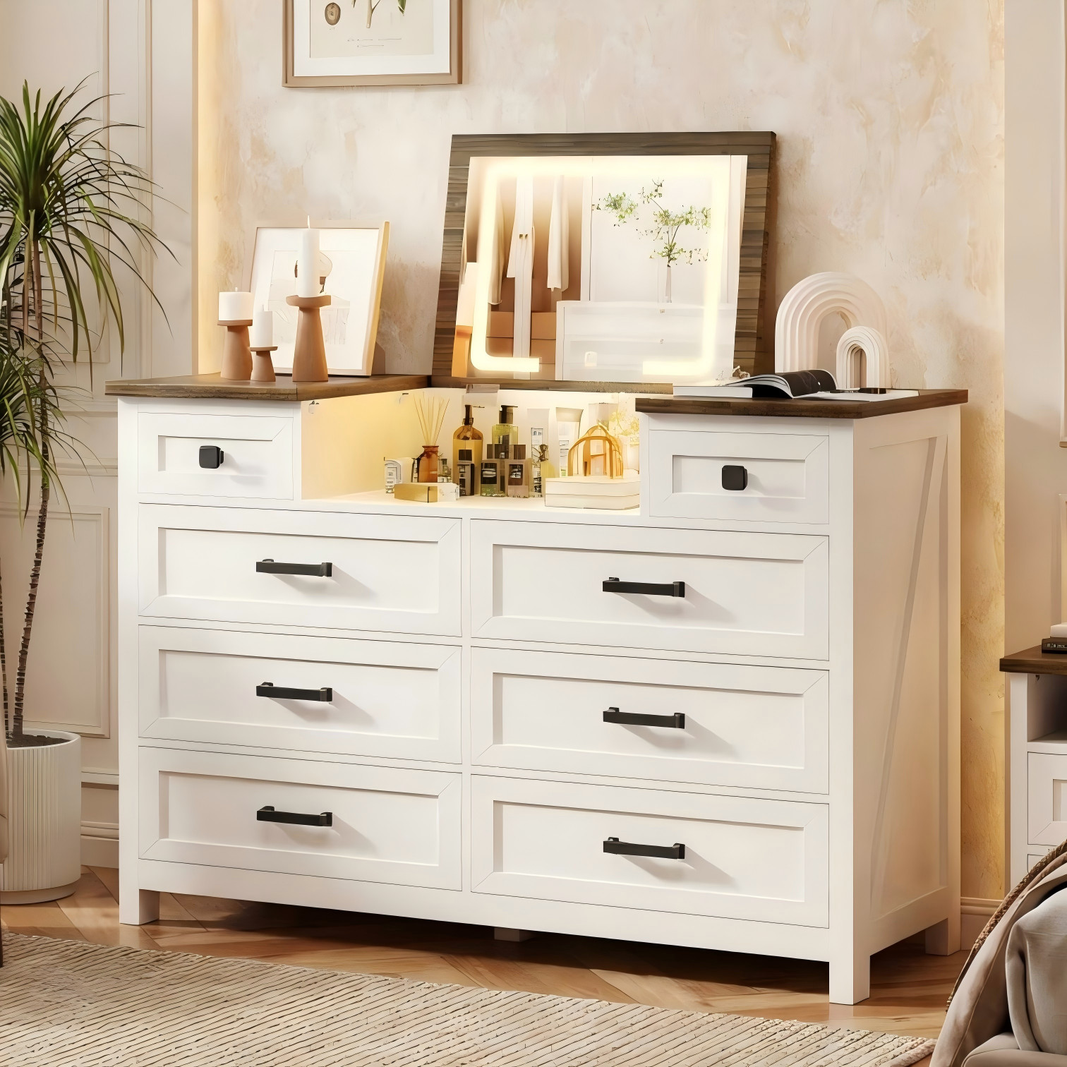 BROTTAR Dresser with LED Mirror, 8 Drawer Farmhouse Makeup Vanity with Storage gallery