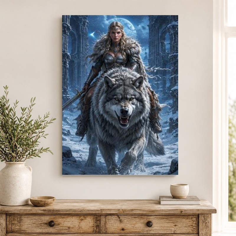 Viking Shieldmaiden Wolf Canvas Wall Art Dark Fantasy Ice Castle Print Nordic gallery