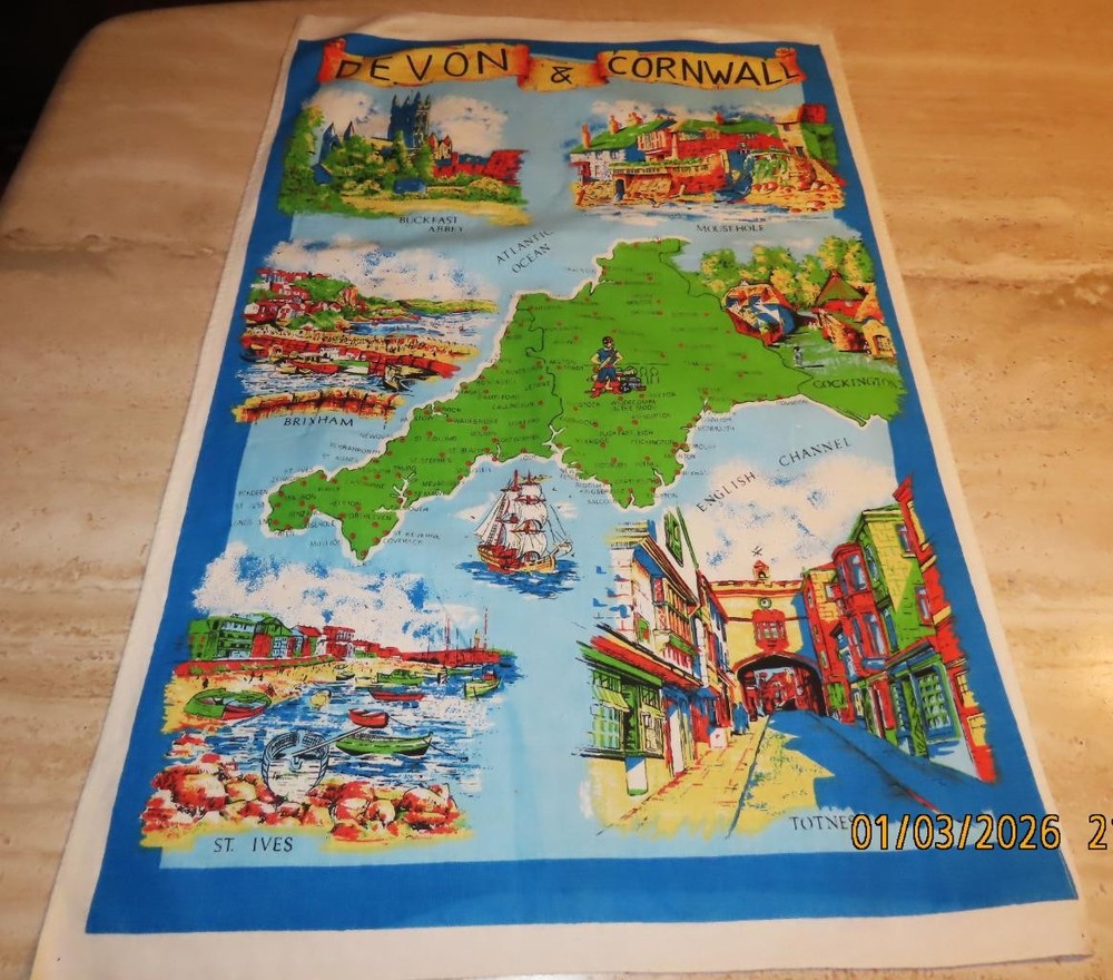 Cornwall and Devon tea or kitchen towel; cotton; map, landmarks; 29 x 18.5 in.