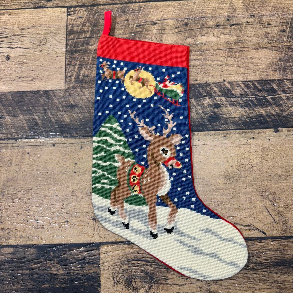 Handmade Needlepoint Wool Christmas Stocking Rudolph Santa Sleigh Winter Holiday gallery