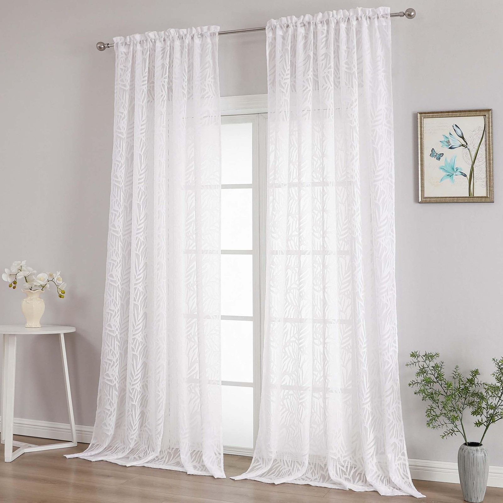 Extra Wide White Sheer Curtains 108 Inches Long 2 Panels Set, Leaf Jacquard L... gallery