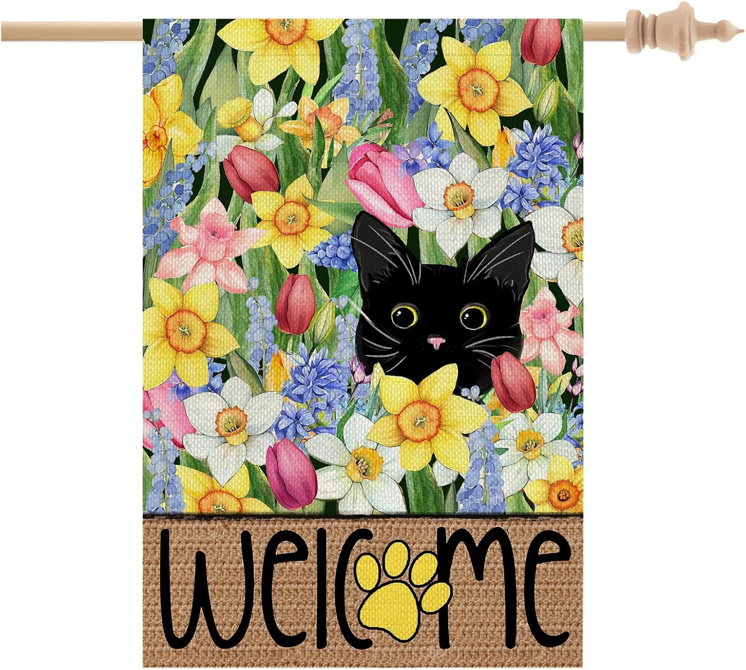 Spring Summer House Flag Black Cat Double Sided 28X40 Inches Large Burlap Welcom gallery