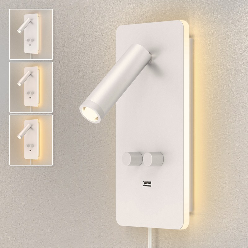 Plug in LED Wall Sconce Backlighting Dimmable Reading Spot Bedside Lamp USB Port gallery