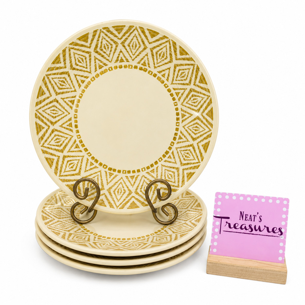Vintage Harmony House RIVIERA Tan Geometric Border Stoneware Dinner Plate Set 4 gallery