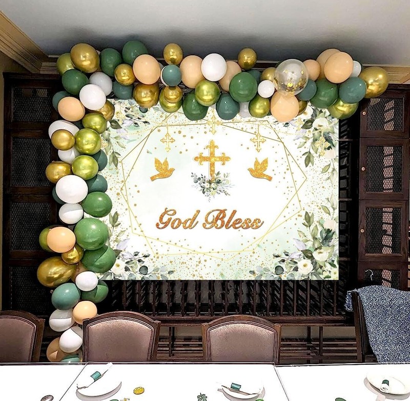Greenery God Bless Backdrop 7x5ft Baptism Communion Banner Green Gold Decor gallery