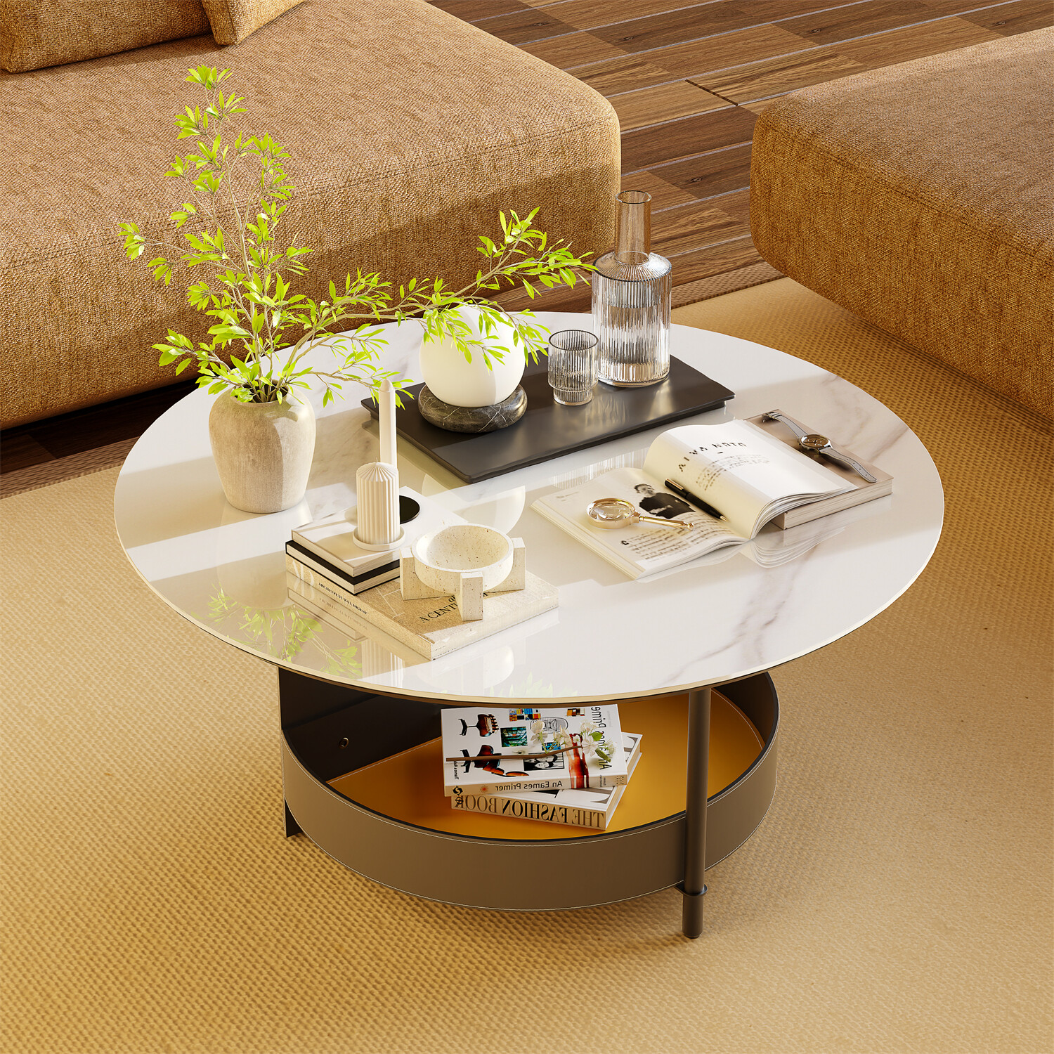 2tier Round Coffee Table Ice Crack Stone Top Saddle Leather Storage Shelf Table gallery