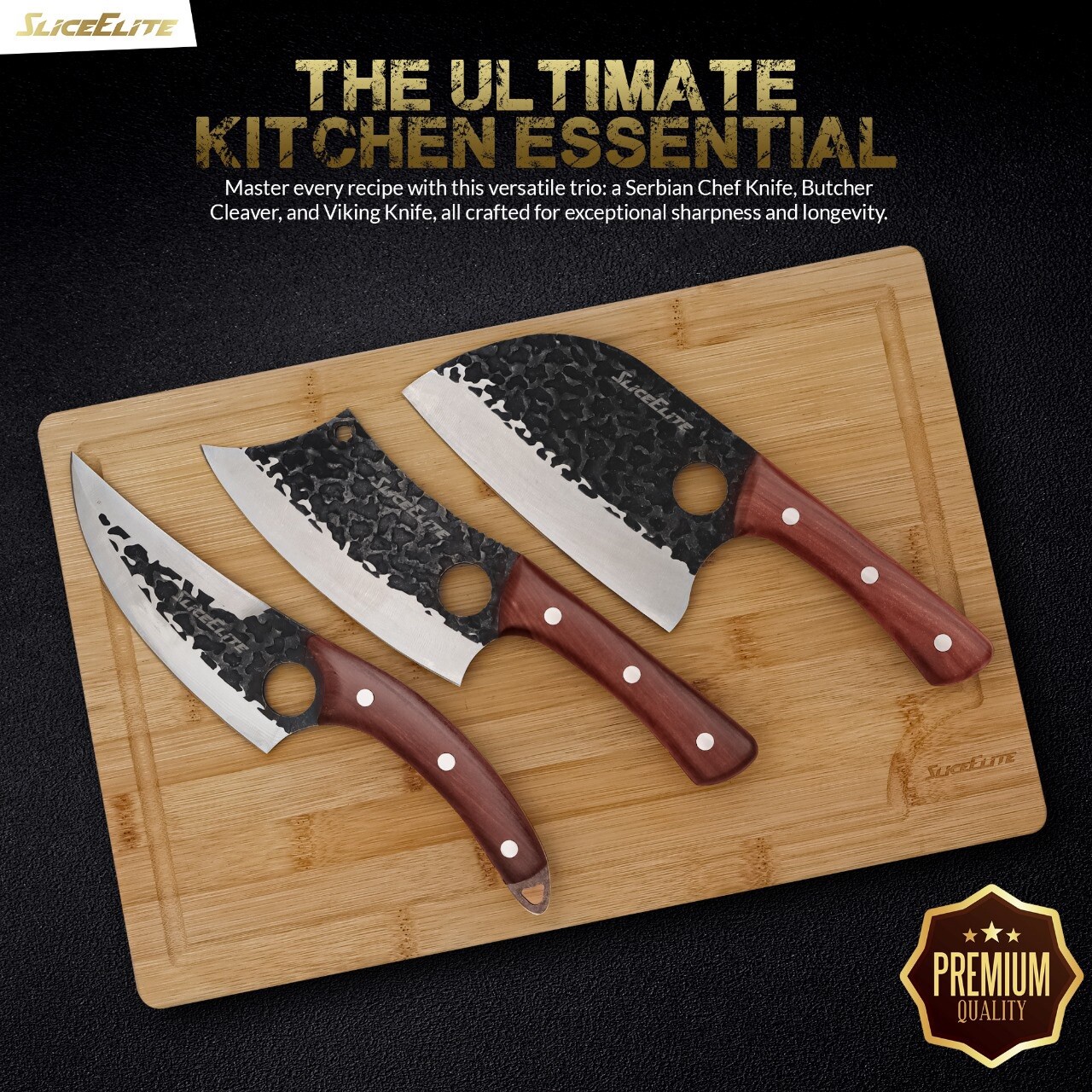 SliceElite 3-Piece Hand-Forged Butcher Knife Set: Chef, Cleaver, Viking Knives gallery