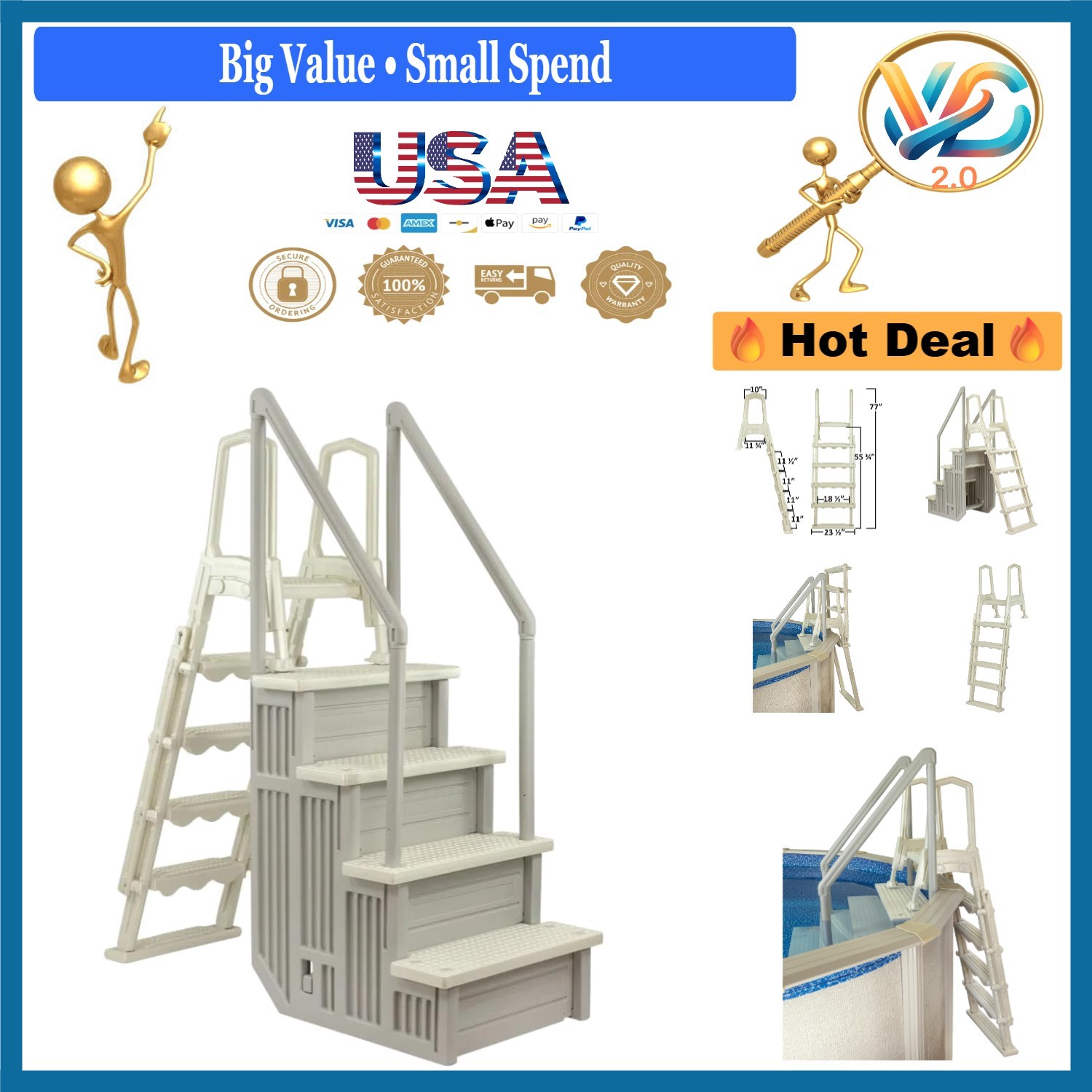 Anti-Slip Pool Steps with Flip-Up Ladder for Above Ground Pools 48-54 In gallery