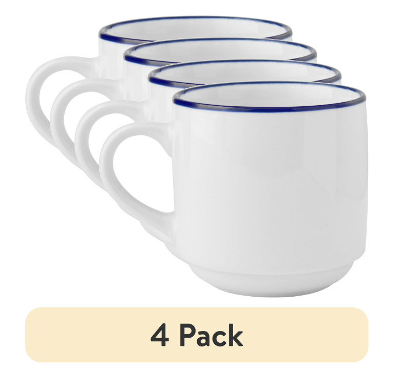 11oz Blue Rim White Stoneware Mugs, Set of 4 gallery