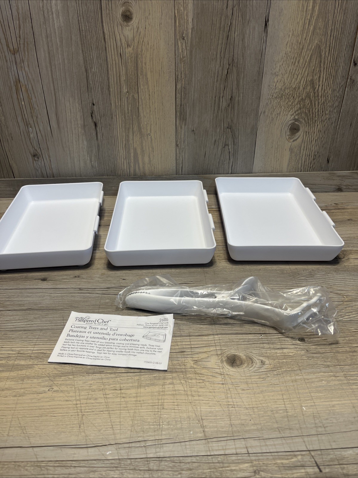 Pampered Chef Coating Breading Nesting Trays Prep #2605 - Set Of 3 W/ Tongs gallery