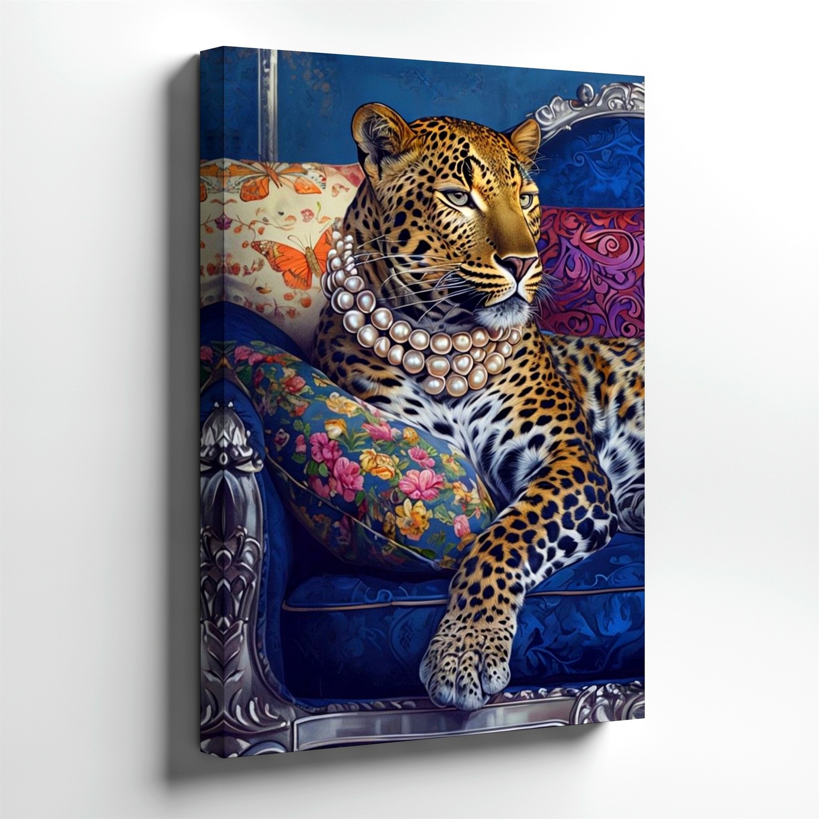 Canvas Pearl Necklace Leopard On Blue Sofa Floral Pillow Animal Home For Decor gallery