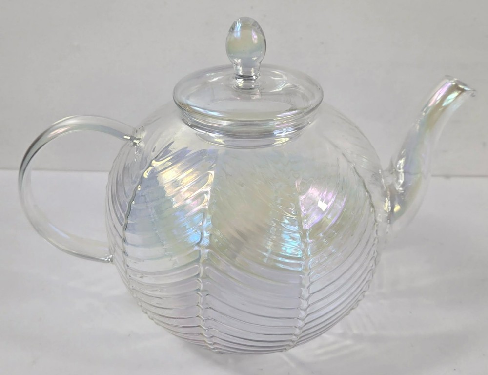 Iridescent Textured Herringbone Pattern Borosilicate Glass Tea Pot