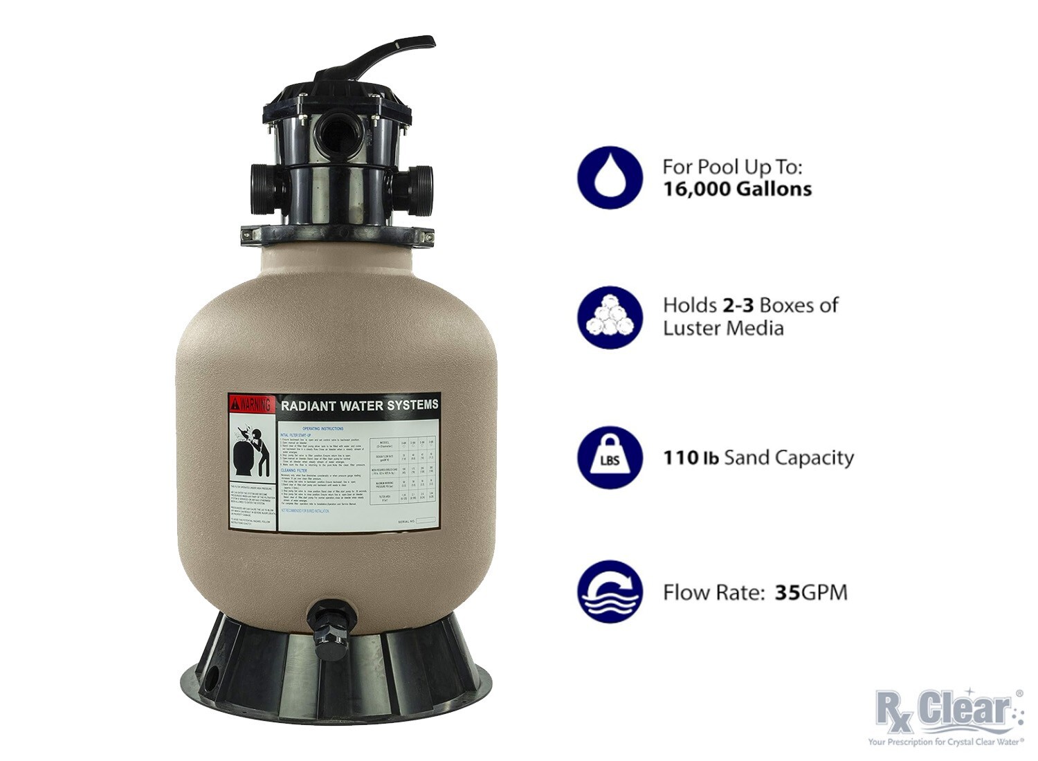 Rx Clear Radiant 16" Inch Above Ground Swimming Pool Sand Filter w/ 6-Way Valve gallery