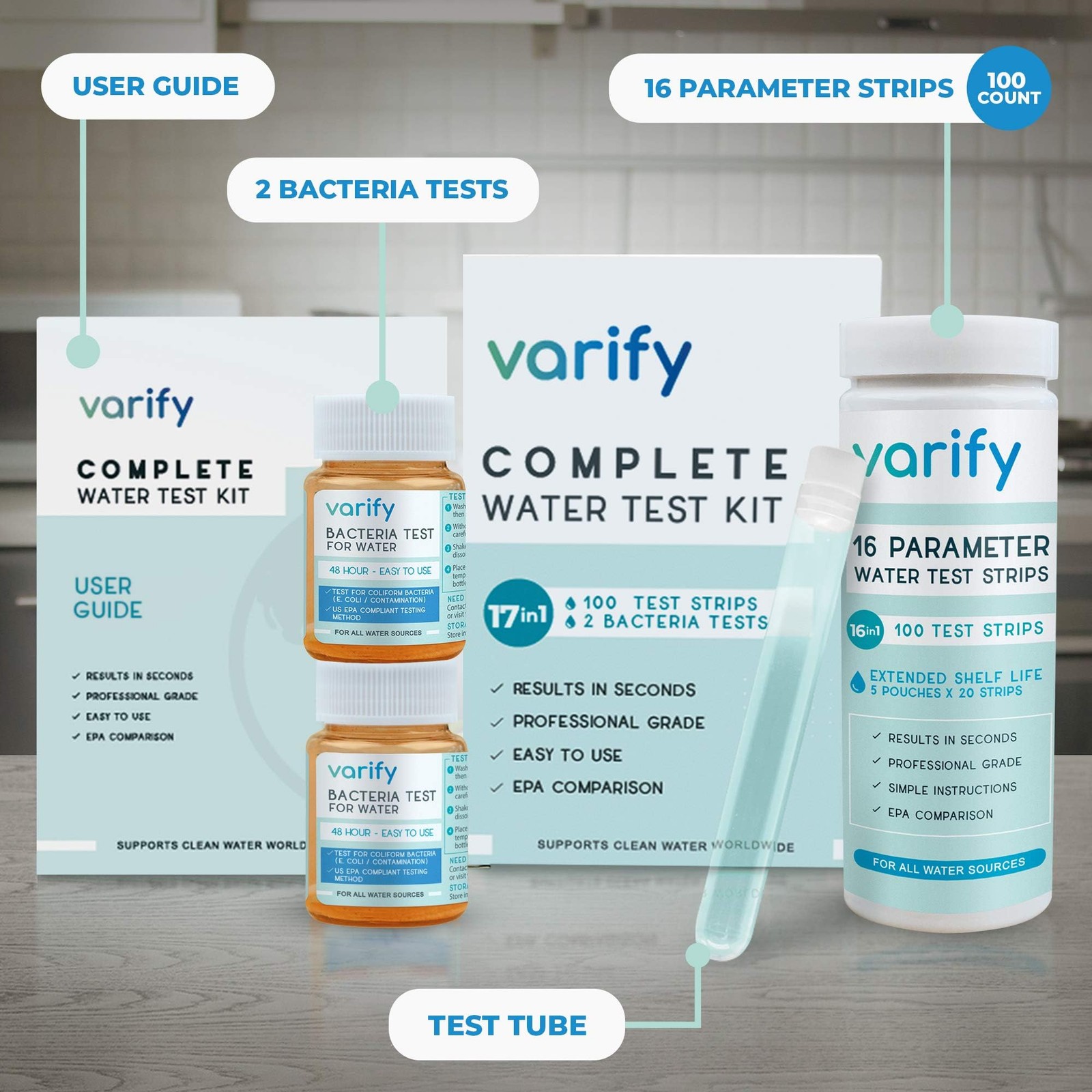 Varify 17in1 Complete Drinking Water Test Kit - 100 Strips + 2 Bacteria Teste... gallery