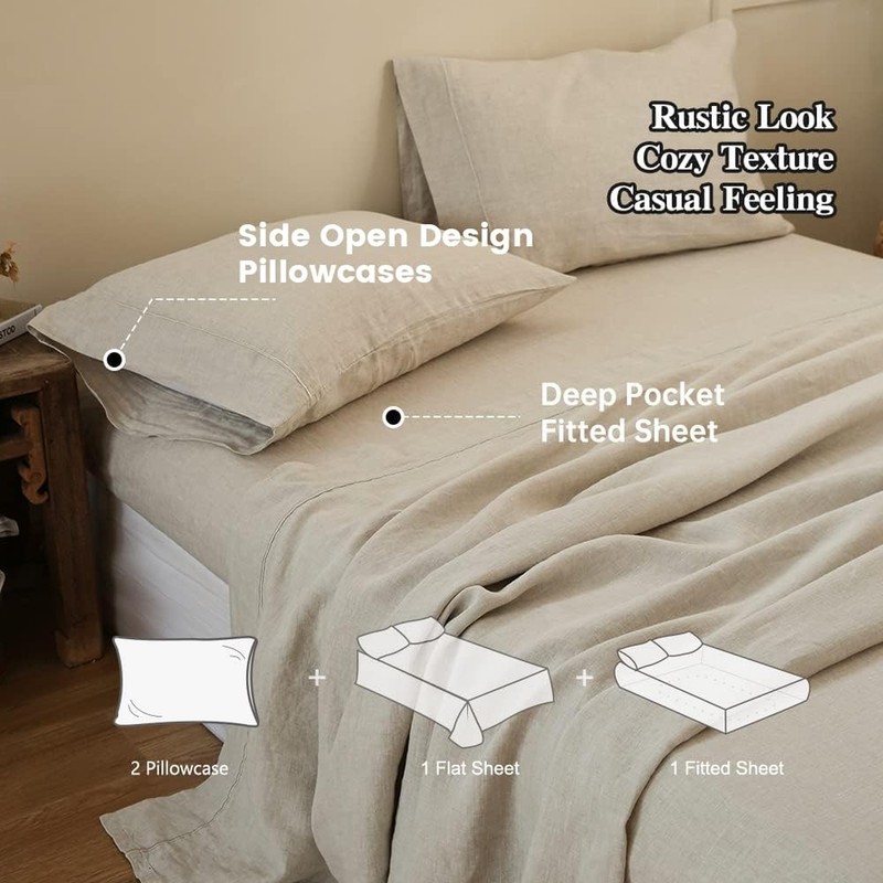 Simple&Opulence 100% Linen Sheet Set with Embroidery Washed - 4 Pieces (1 Fla... gallery