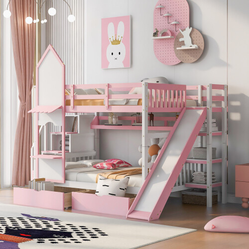 Solid Wood Bunk Bed w/ Slide Storage Drawers Staircases Twin Full Size Bed Frame