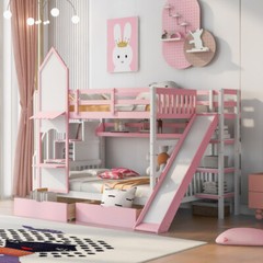 Solid Wood Bunk Bed w/ Slide Storage Drawers Staircases Twin Full Size Bed Frame