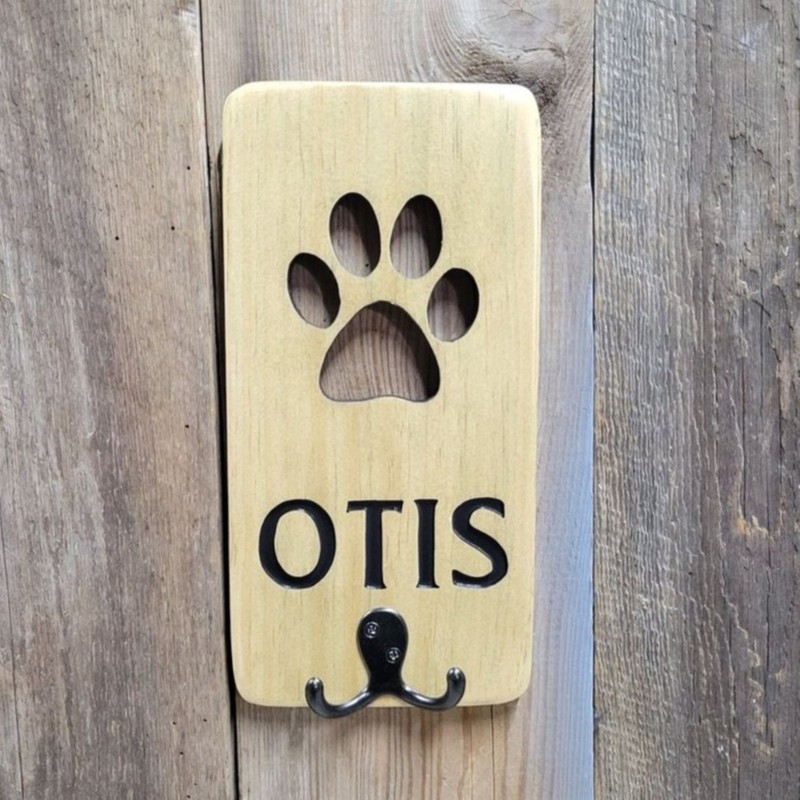 Personalized Dog Leash Holder Custom Name Paw Print Hand Carved Wooden Sign gallery