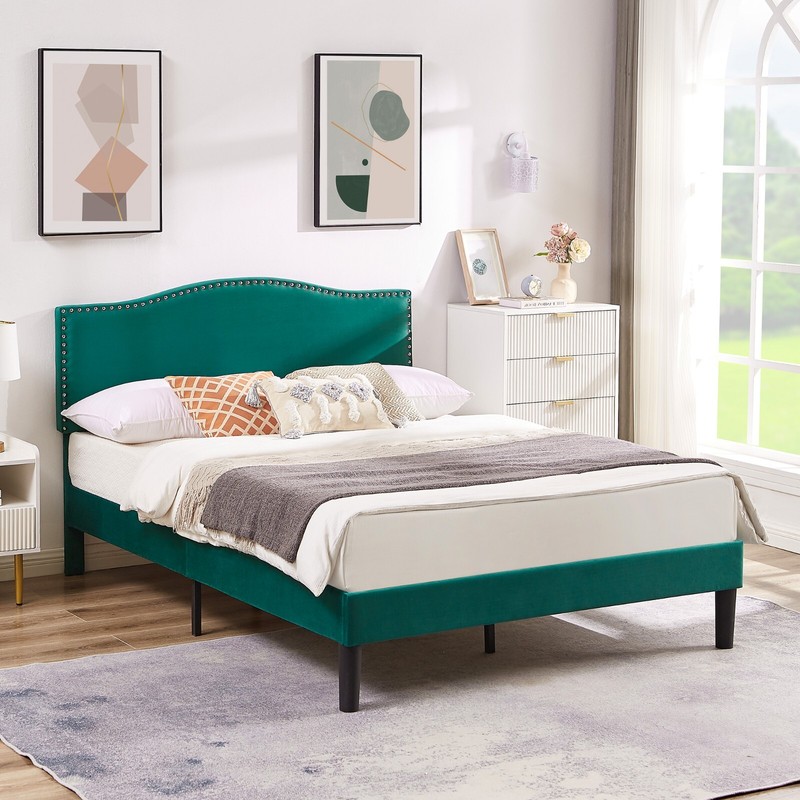 Bed Frame w/ Adjustable Fabric Headboard Twin/Full/Queen Size Wood Slat Support gallery