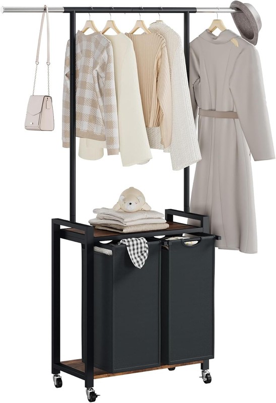 Rolling Laundry Cart with Hanging Rack & Utility Shelf Sorter-2 Bags with Wheels gallery