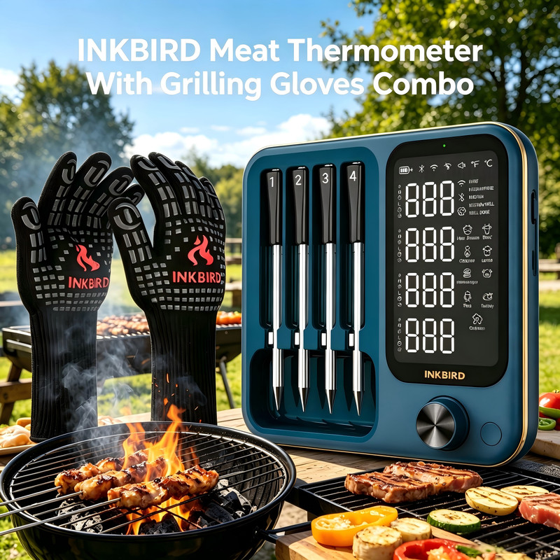 INKBIRD Wireless Meat Thermometer 4 Probes with BBQ Heat Resistant Gloves Smoker gallery