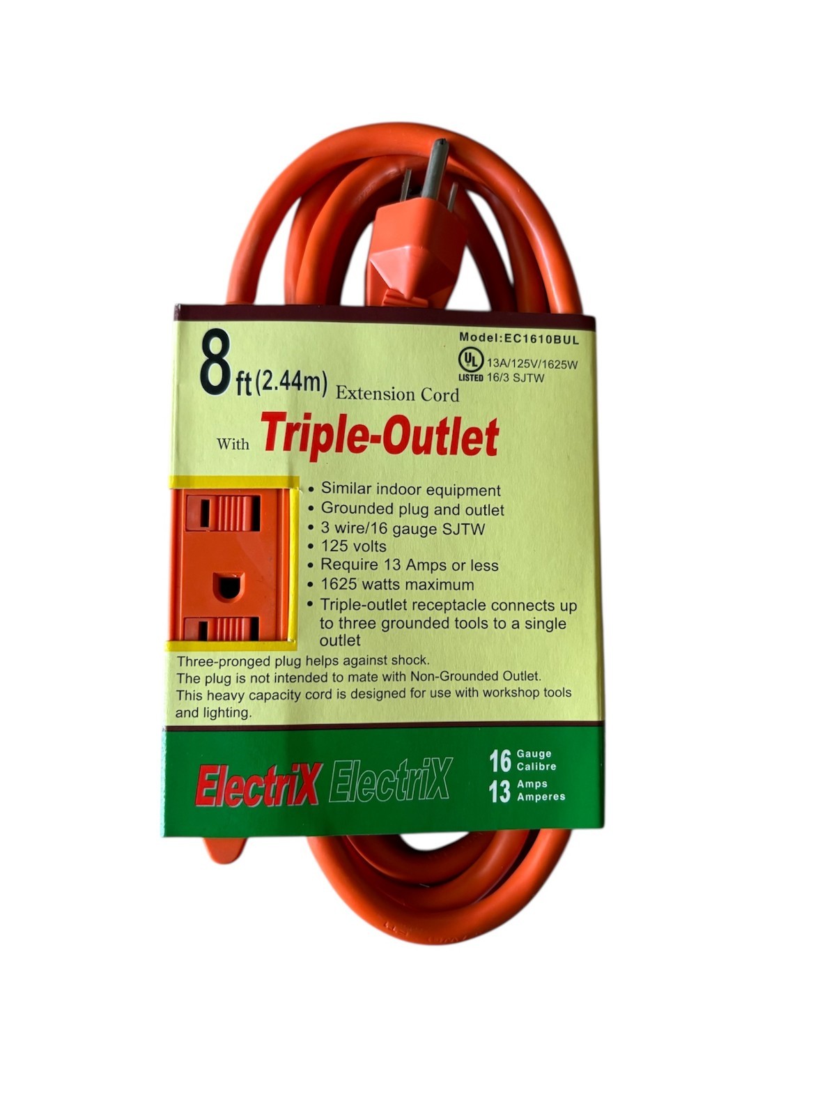 8Ft Triple Outlet Extension Cord, UL Listed, 16/3 SJTW, 13A/125V/1625W gallery