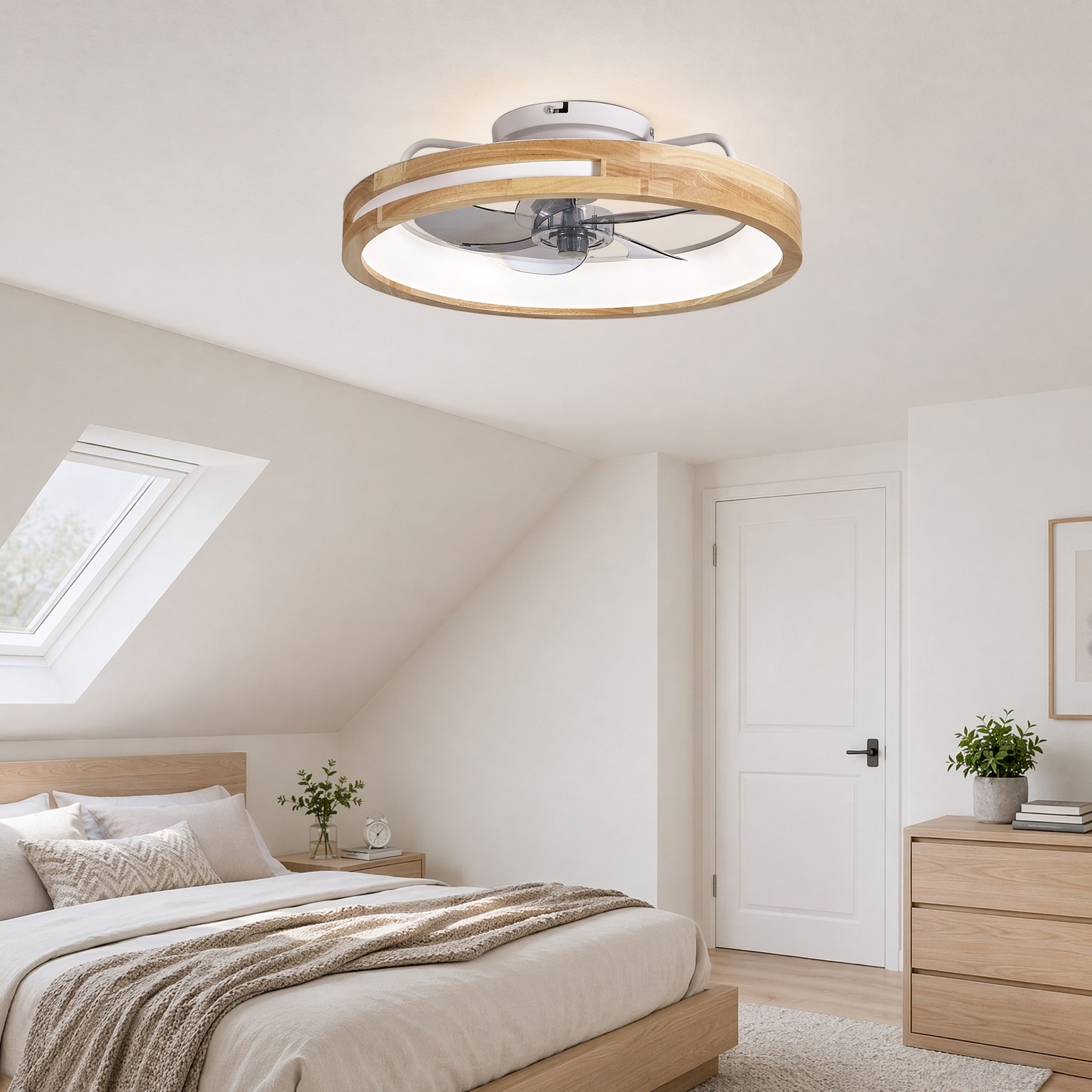20 inch Modern White Wood Ceiling Fan with Light Flush Mount APP Remote Control gallery