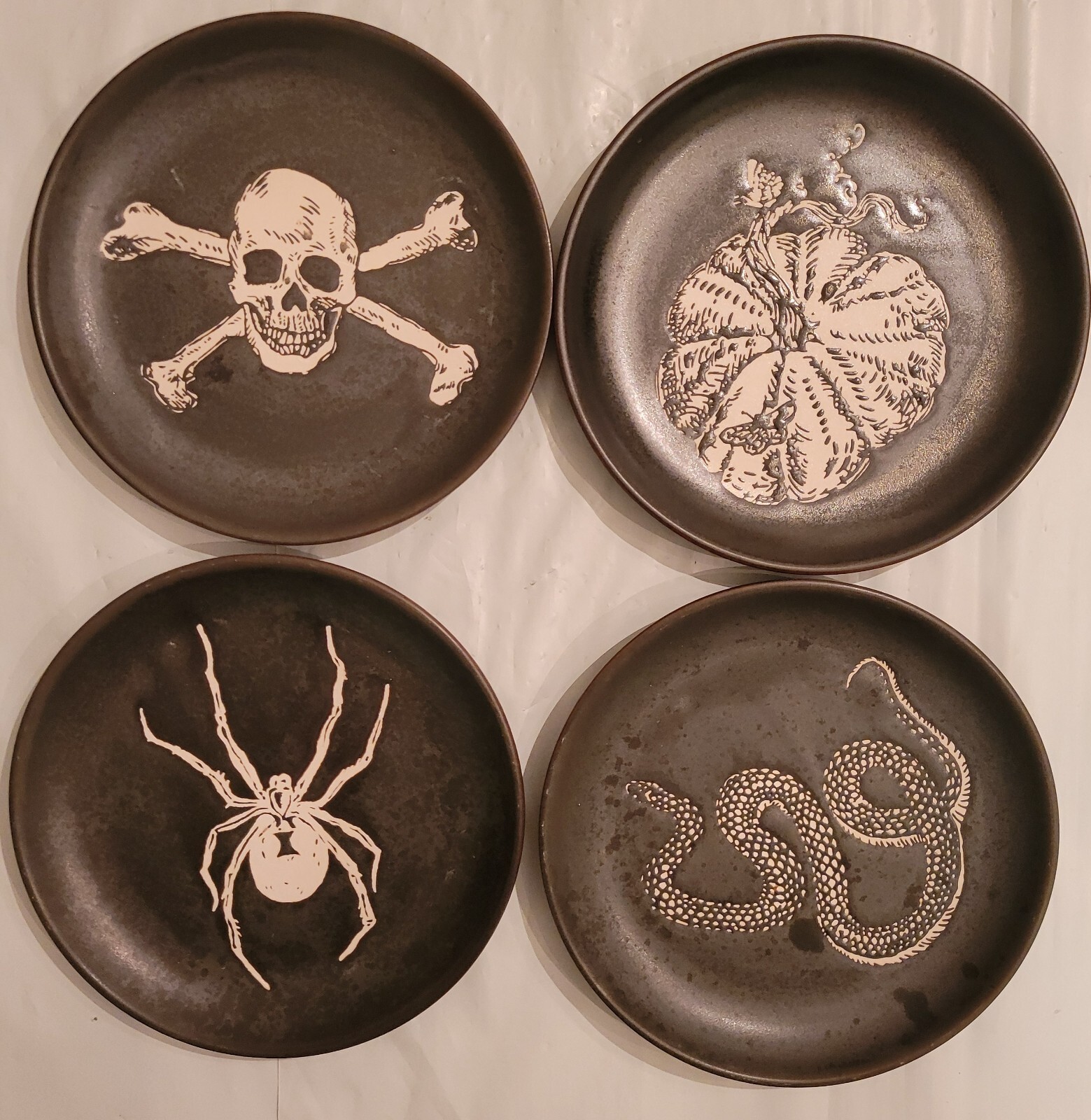 Threshold Stoneware 6” Halloween Appetizer Plate Set Of 4 Skull Crossbone Snake gallery