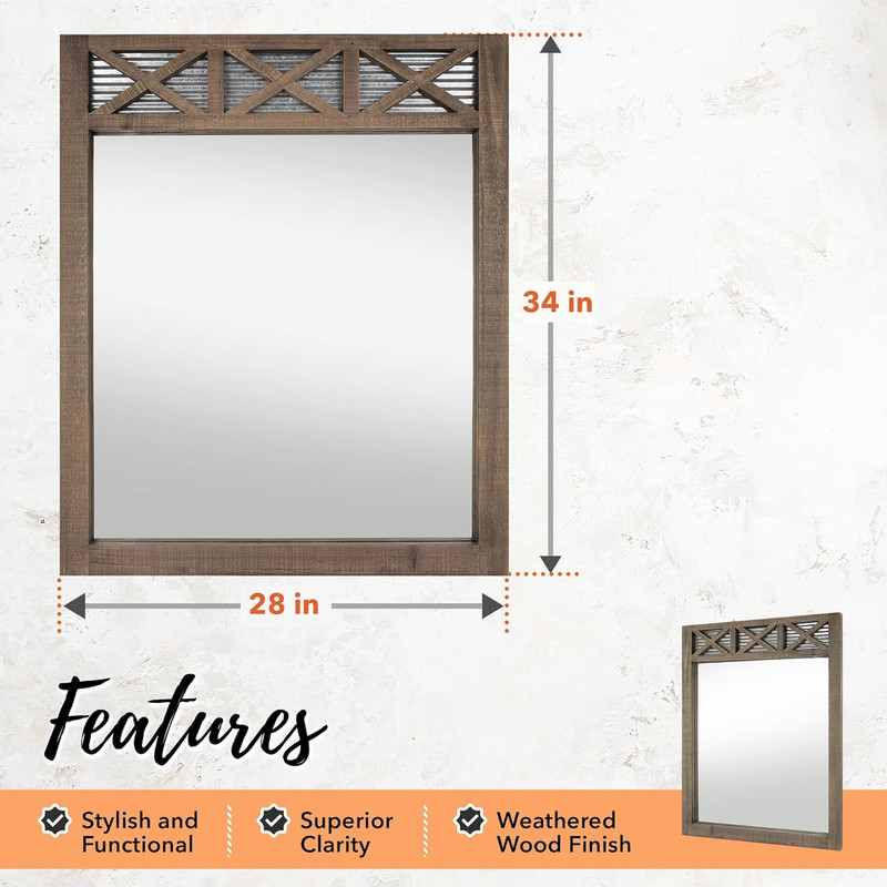 Rustic Farmhouse Bathroom Mirror - Large 28" x 34" Wall Decor in Brown gallery