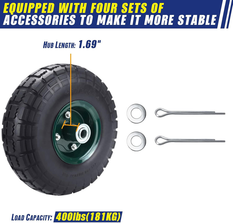 2 Pcs 10" Flat Free Tires Solid Pneumatic Tires Wheels, 4.10/3.50-4 Air Less Tir gallery