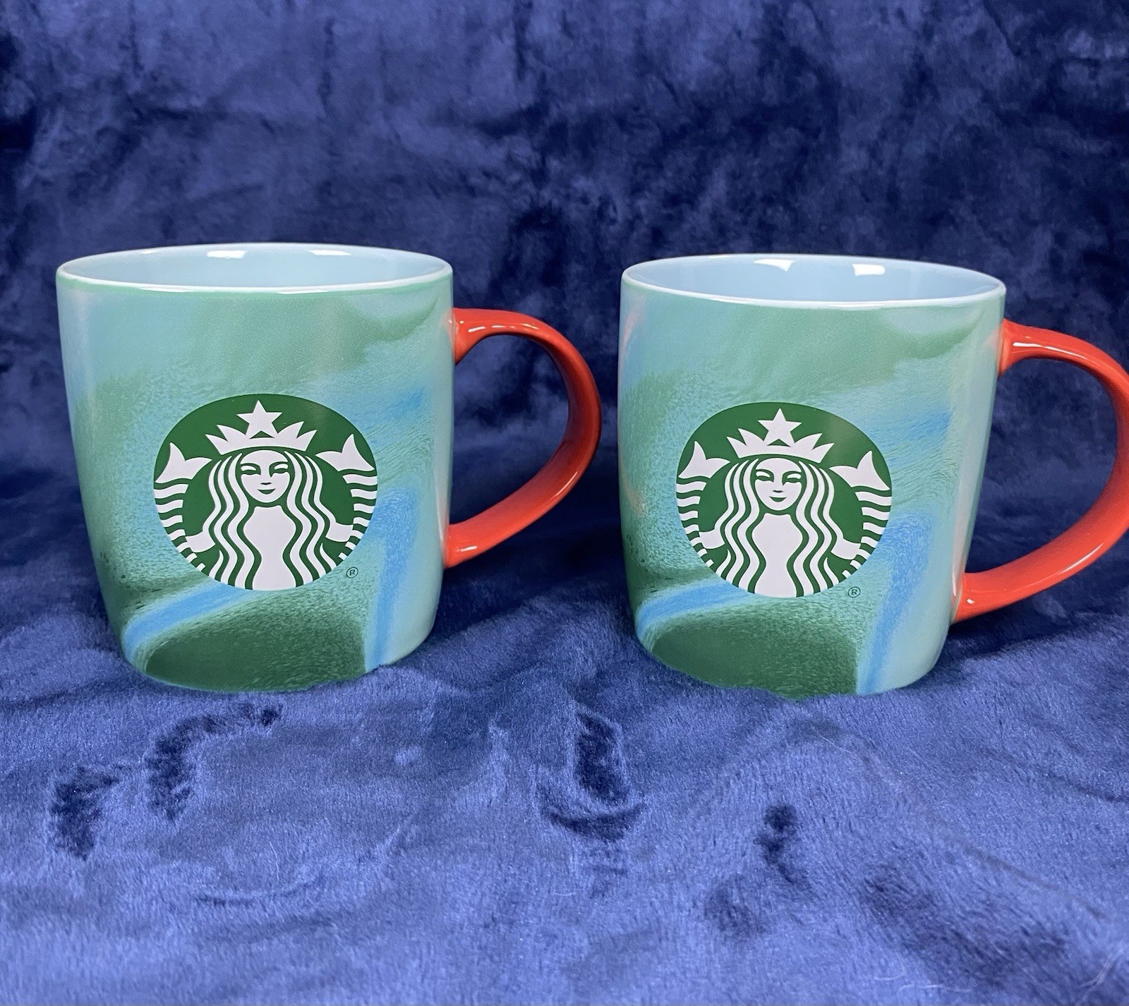 Starbucks Two 2024 Coffee Mugs Ceramic Marble Blue Green Red Handle 11 oz New gallery