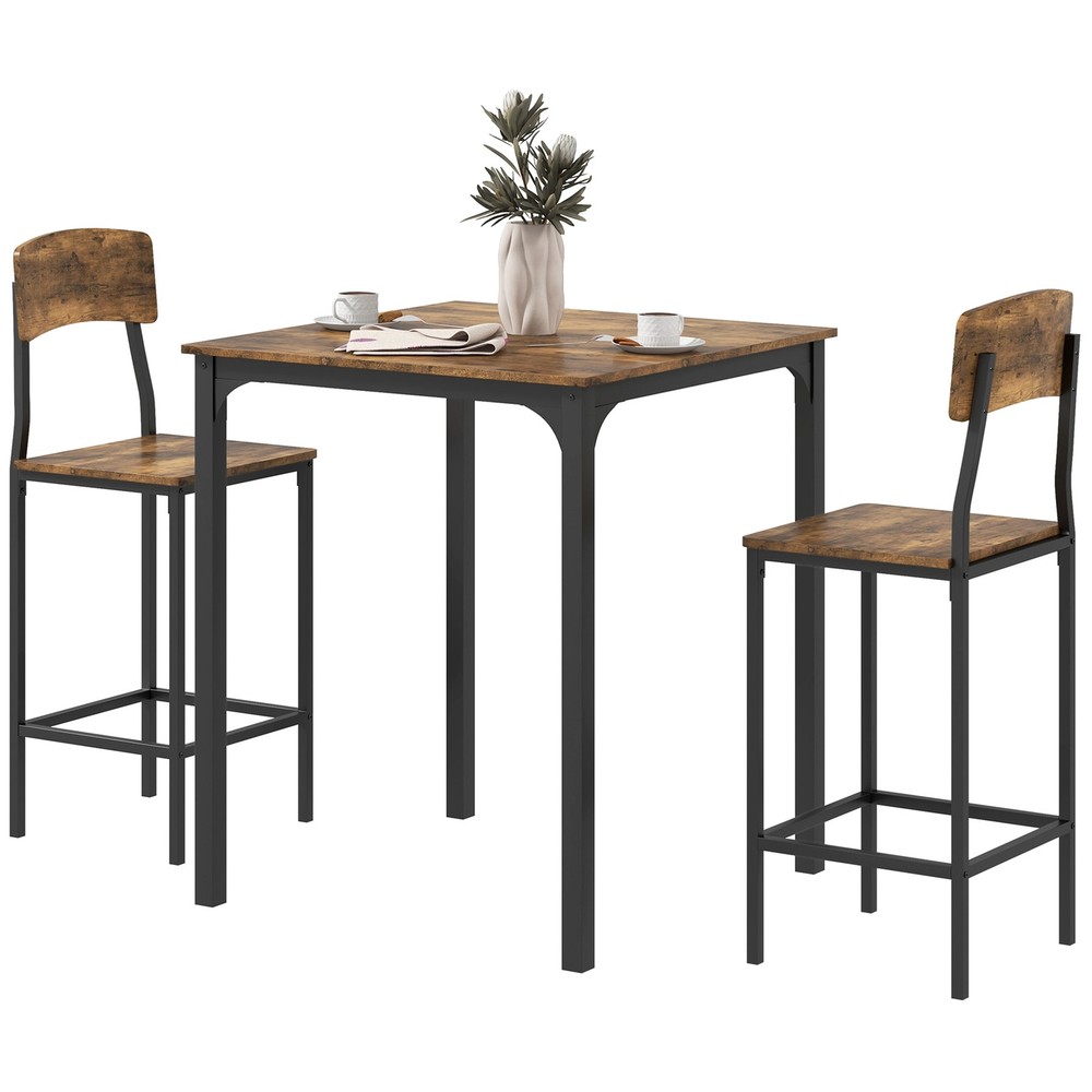 3 Piece Pub Table Set, Square Dining Table & 2 Stools, Rustic Brown/Black